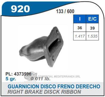 VARIOS SUSPENSION CAPEMI FIAT REGATA/128/133/600 GUARNICION DISCO DE FRENO DERECHO 36